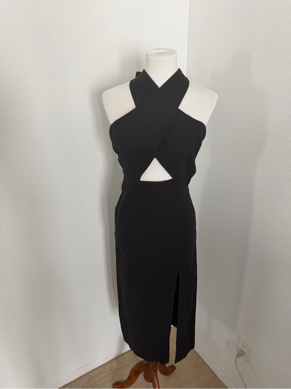 Forever 21 Black Cross Halter Midi Dress Cutout Slit Dress Size S